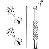 Jewseen 2PCS 20G/18G/16G Titanium Flat Back Nose Studs Internally Thread Cartilage Earring Studs Clear CZ Helix Tragus Earrings for Women Medusa Labret Stud Conch Piercing Jewelry Hypoallergenic