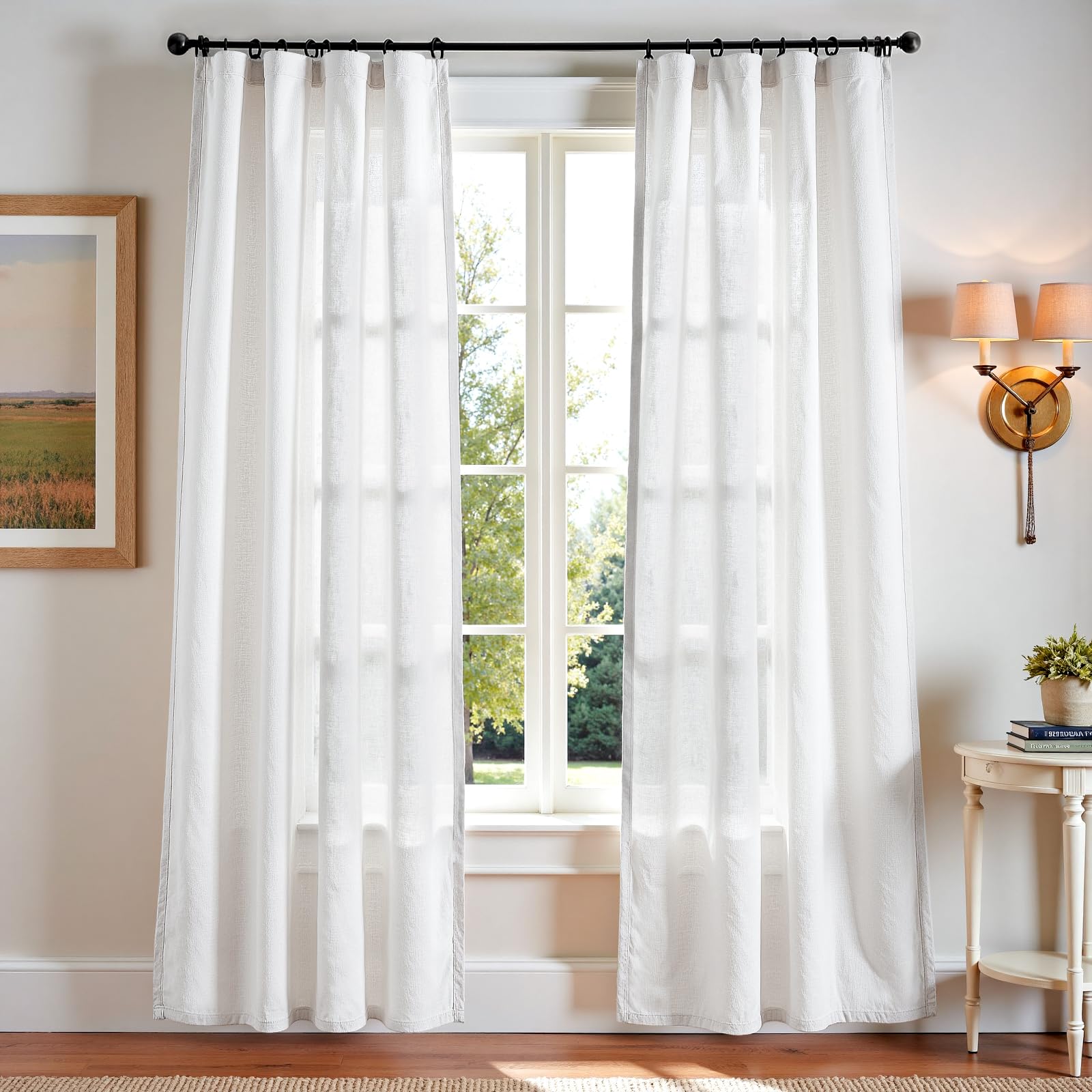 Photo 1 of jinchan Linen Blend Curtains 84 inch Length 2 Panels for Bedroom Living Room, Light Filtering 50 inch Wide Farmhouse Drapes with Rod Pocket Back Tab(50W x 84L, Off White)