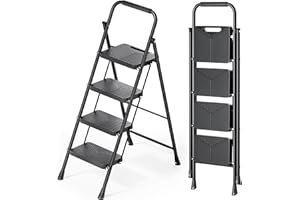 KINGRACK Folding 4 Step Ladder, Portable Ladder for Multi-Purpose, Home, Kitchen, Heavy Sturdy Steel Step Stool with Anti-Slip Wide Pedals, Handrail, Safe-Lock Design, Pass 500lbs Load Testing, Black