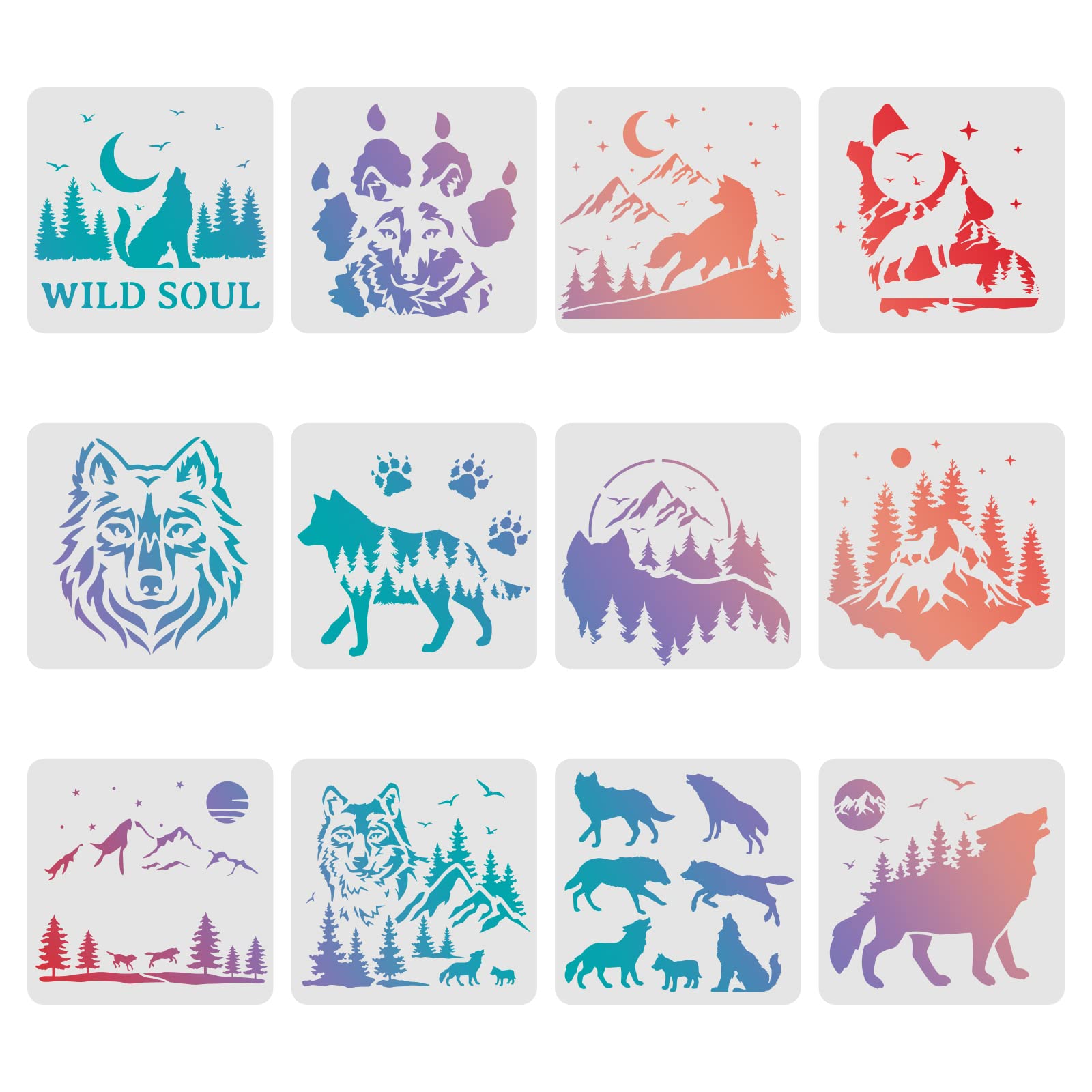 FINGERINSPIRE 12pcs Wolf Stencils 30x30cm Forest Wolf Painting Decoration Stencils Reusable Mountain Wolf Stencil Animal Drawing Stencil for Painting on Wood, Floor, Wall, Fabric — image 1