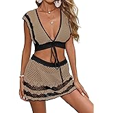 BreathSunny Womens Crochet Knit Slim Fit Beach Tops and Shorts Set Summer 2025 V Neck Color Block Bathing Suit Cover Up Sets