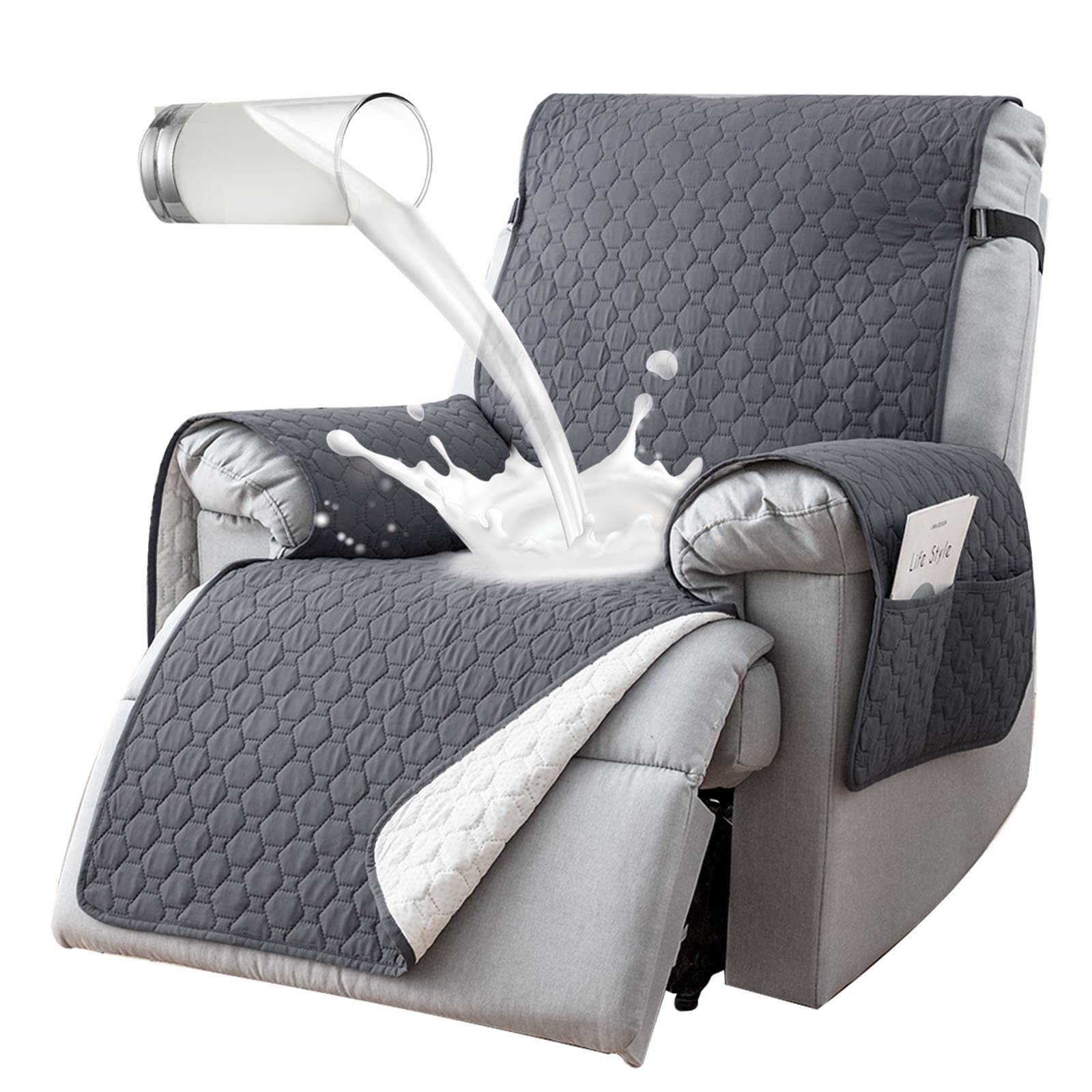 Photo 1 of 100% Waterproof Recliner Chair Covers That Stay in Place, Non-Slip Recliner Cover with 5 Pockets, Elastic Straps, Washable Reclining Chair Protector for Kids, Pets, Dogs, Gray