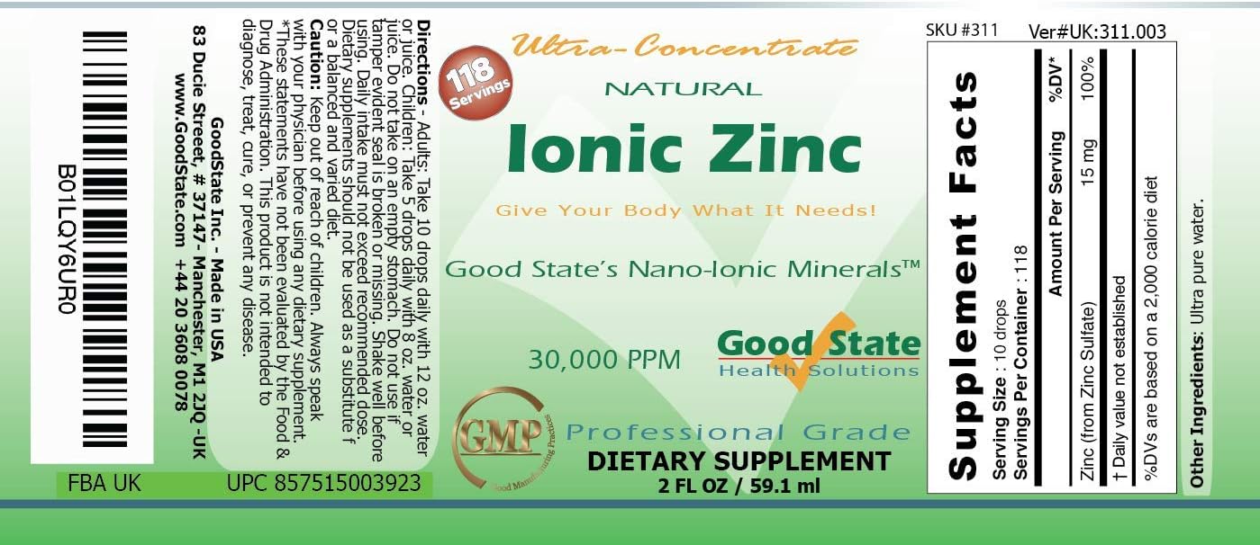 Good State Natural Ionic Zinc | Liquid Concentrate | Nano Sized Mineral Technology | Professional Grade Dietary Supplement | 1.6 fl oz Glass Bottle (50 mL): Health & Personal Care
