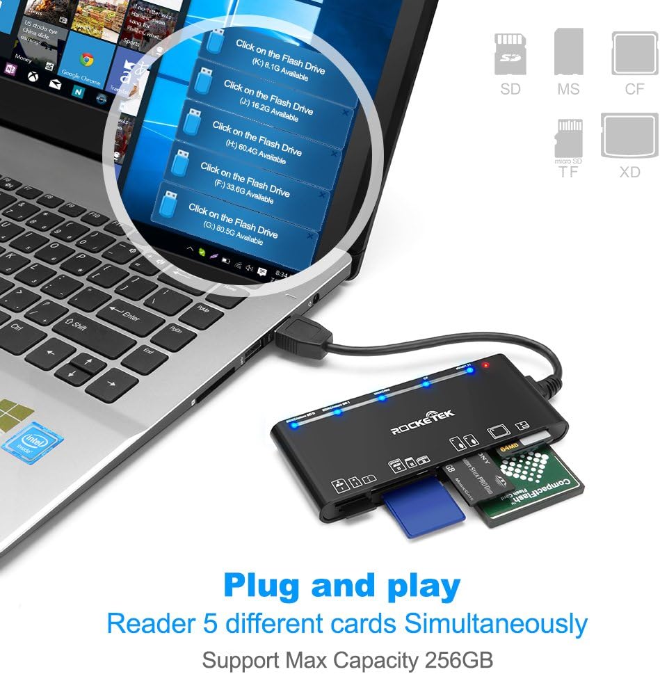 Rocketek USB 3.0 Memory Card Reader/Writer for CF Card, xD Card, SD Card, Micro SD Card, MS Card, with a 13cm USB Cable design - 5 cards read simultaneously: Computers & Accessories