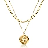 Layered Birth Flower Necklace for Women 18K Gold Plated Double Layered Engraved Custom Floral Pendant Dainty Birth Month Flower Disc Coin Necklaces Personalized Jewelry