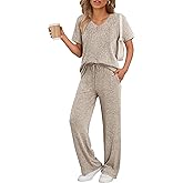 JiniGolla Women's Ribbed Knit Pajama Set 2 Piece Matching Pj Set Short Sleeve Top and Pants Lounge Set with Pockets