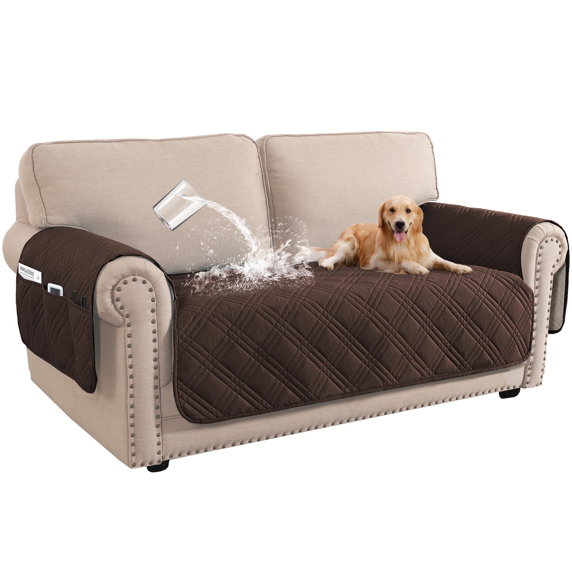 BellaHills 100% Waterproof Sofa Covers 2 Seater Sofa Cover for Living Room Washable Seat Covers with Side Pocket Furniture Protector from Pets (2 Seater, Brown)