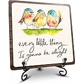 5" Bird Decor With Iron Stand-Every Little Thing Is Gonna Be Alright - Watercolor Adorable Birds, Positive Reminder,Office & Home motivational wood plaque, Desk Decor & Accessories- A08