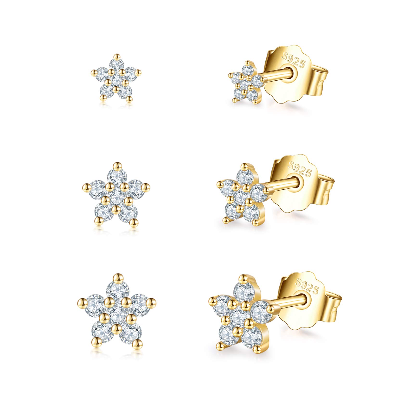 14K Gold Plated Stud Earrings for Women Girls, Tiny Flower Stud Earrings Small 925 Sterling Silver Hypoallergenic Cubic Zirconia Helix Cartilage Earrings Piercing Sleeper Studs, 3mm/4mm/5mm