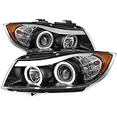 AKKON - For 06-08 BMW E90 3-Series 4 Doors Sedan Black Bezel Halogen Type [LED Halo] Ring Eye Lid Projector Headlights