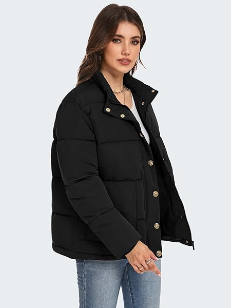 FUNLINGO WOMENS WINTER PUFFER JACKET CASUAL STAND COLLAR ZIP UP WARM CROPPED COATS LIGHTWEIGHT QUILTED PADDED OUTERWEAR WITH POCKETS BLACK S