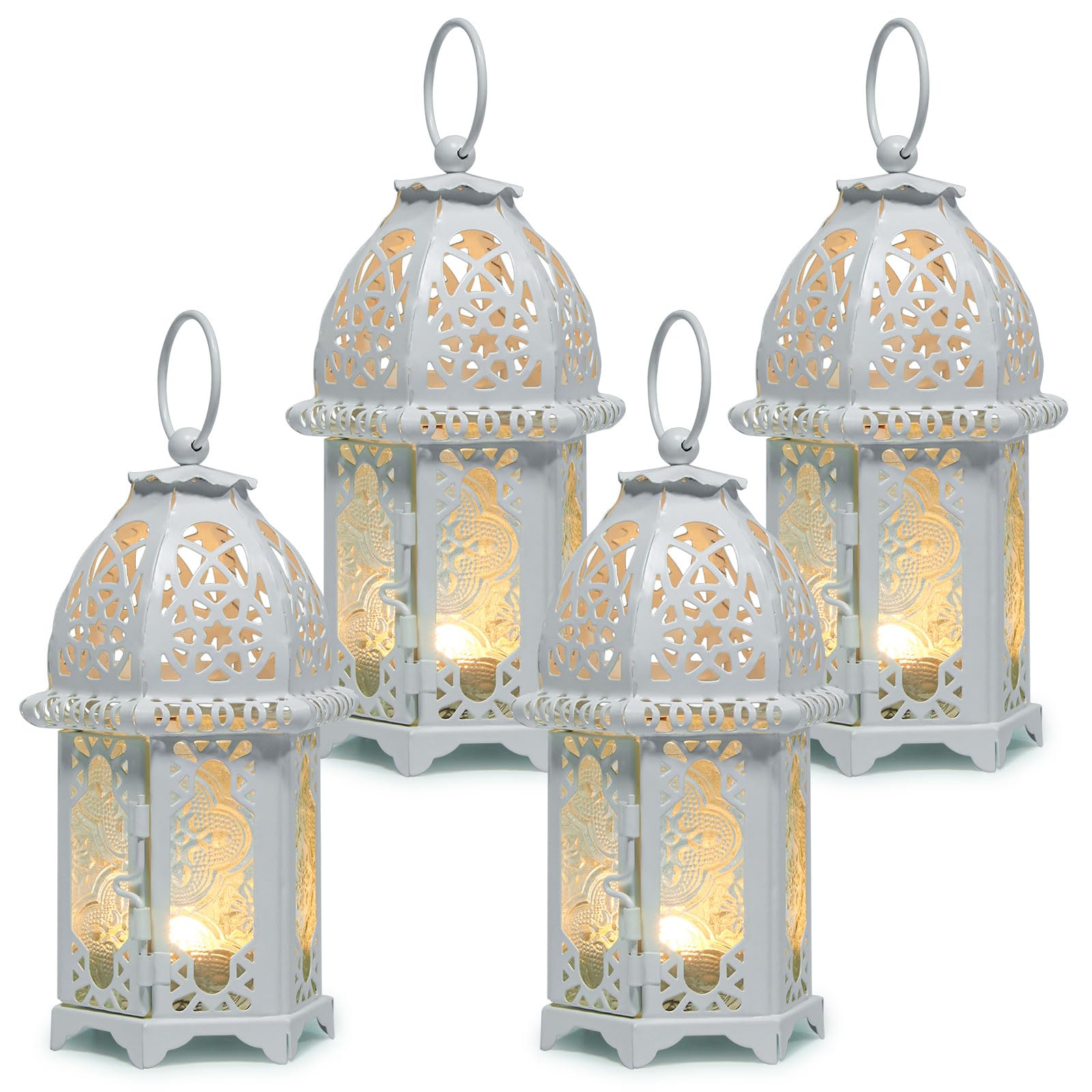 IMAGE 4PCS Candle Lanterns Metal Candle Holder with Transparent Glass Moroccan Decorative Hanging Lantern, 7x16cm, White