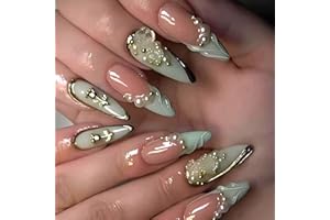 LOPMNGHT Rose Press on Nails Medium Almond Artificial Acrylic Nail French 3D Gold Stripes with Gold Rose Pearl Stick on Nail Full Cover Reusable Coffin Artificial Fingernails for Women Manicure 24Pcs