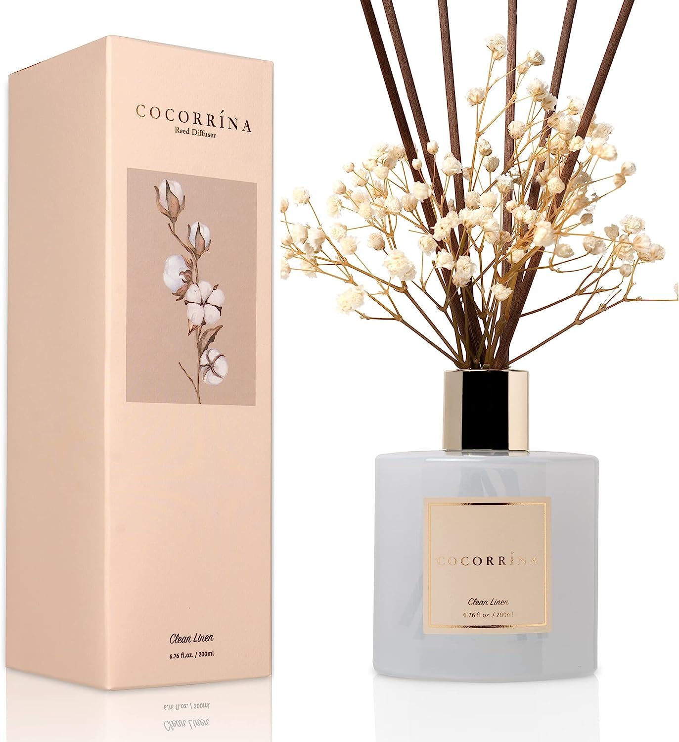 COCORRÍNA Raumduft Reed Diffuser mit 8 Duftstäbchen 200ml- Sauberes Leinen, Natürlich, Langanhaltend, Home Duft ätherisches Öl Reed Diffusor für Badezimmer Regal Dekoration 2
