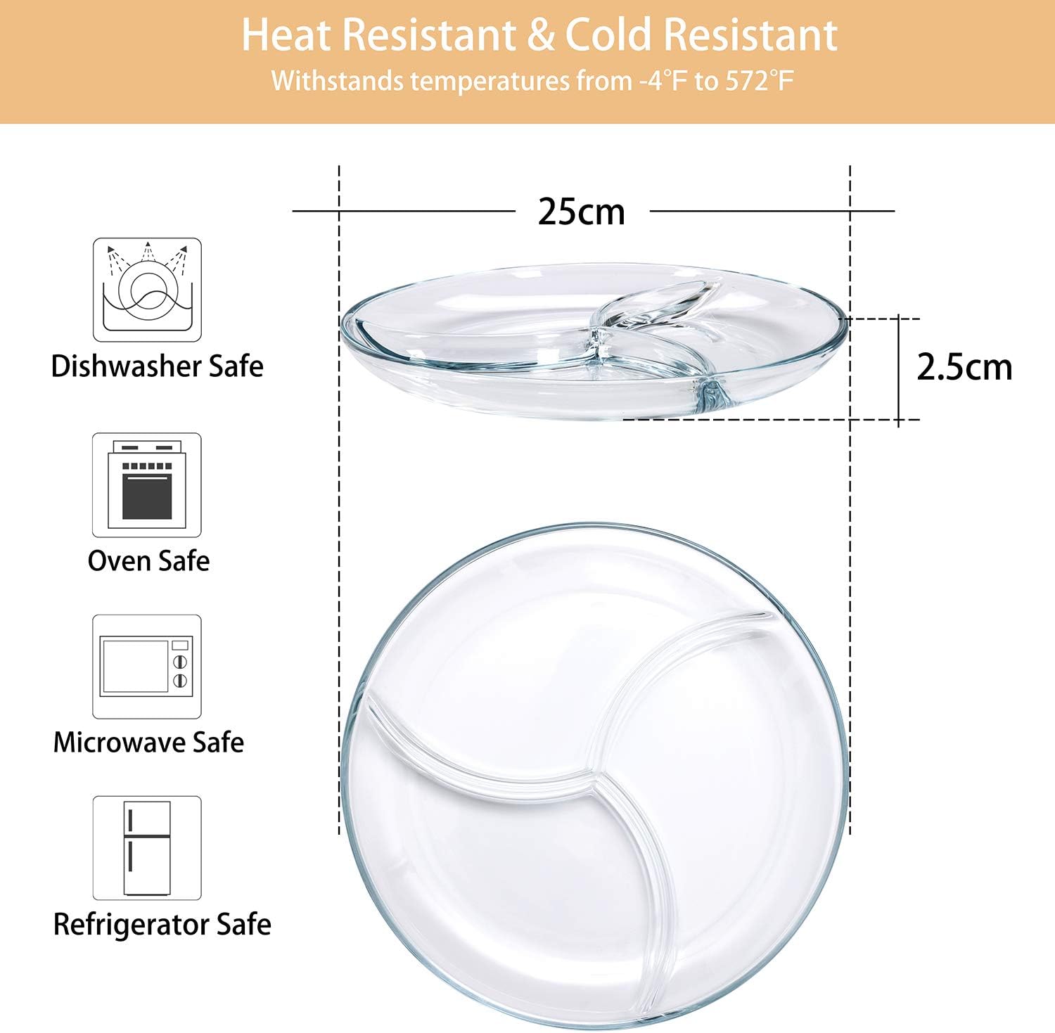 ChasBete Dinner Plates, Crystal Glass Portion Control Plate for Adults Set of 2 Serving Platters/Diet Plate, D 25cm - Image 3