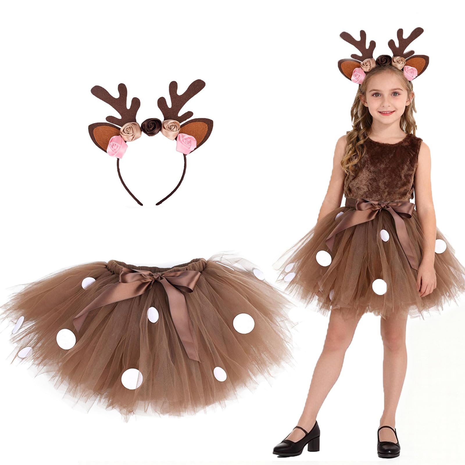 Hifot Reindeer Costume Kids,Reindeer Antlers Headband Tutu Skirt Fancy Dress for Girls Halloween Costume Christmas Party Dress Up Outfit