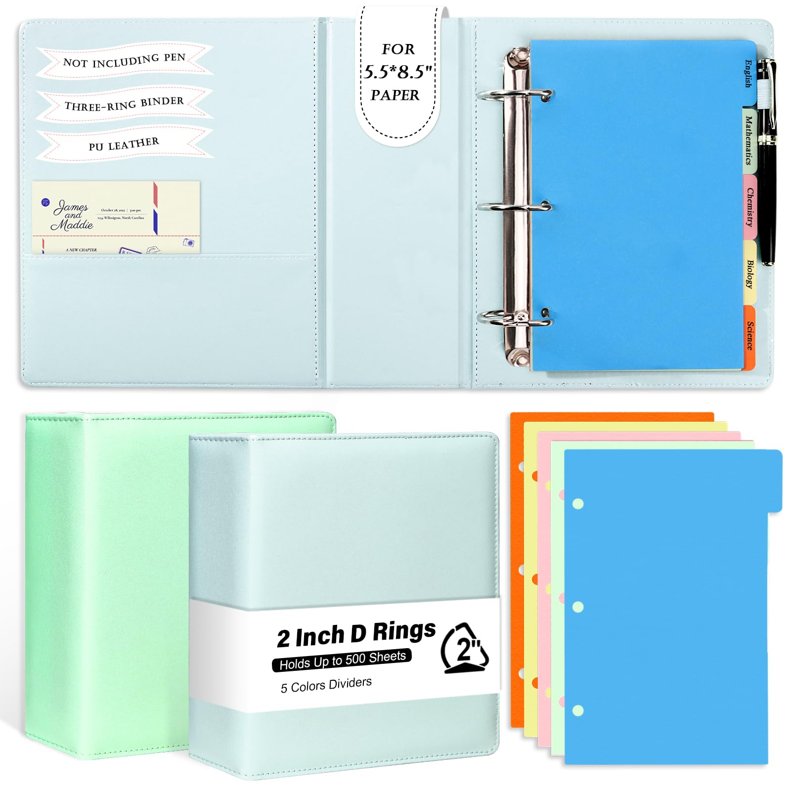 Photo 1 of 2 Pack 3 Ring Binder Junior Size Pu Leather Binder 2 Inch D Rings with 5 Colors Dividers 5.5" x 8.5" Holds Up to 500 Sheets with Pen Loop Pocket Small Binder for Office School