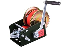 WHSSFINE Hand Winch Heavy Duty 2500lbs with Nylon Strap and Ratchet Handle Hook 2 Gear Manual Crank Towing Winch for ATV Boat Trailer Truck Auto Green