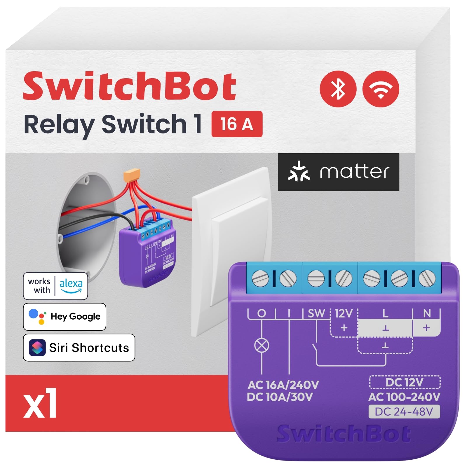 SwitchBot Smart Relay Switch 1, Smart Relay Module with Built-in Hub, Wi-Fi&Bluetooth Switch Works with Alexa/Apple Home/Google, 2.4GHz, Home Automation, 16A