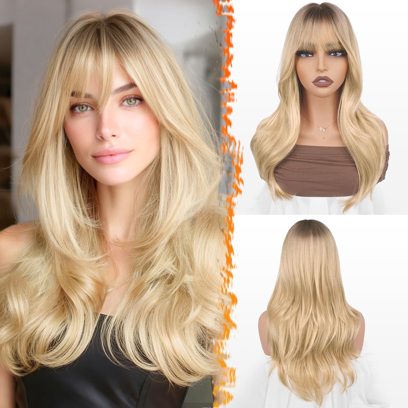 Photo 1 of *MINOR DAMAGE - USED*
BARSDAR Ombre Blonde Layered Wig with Bangs - 20 Inch Blonde Ombre Layered Wig with Dark Roots for Women - Natural Looking Soft Wavy Synthetic Sabrina Wigs Layers Haircut Fringe Daily