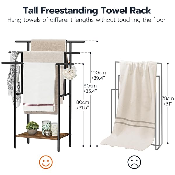 HOOBRO 39.4″ TALL FREESTANDING TOWEL RACK FOR BATHROOM, 3 TIER STEPPED BLANKET RACK WITH SHELF, OVERSIZED BATH TOWELS DRYING AND DISPLAY RACK, BLACK AND RUSTIC BROWN BF50LB01