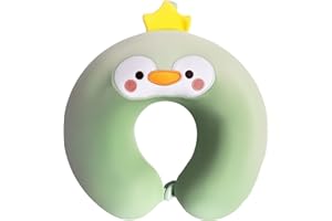 DARLER Kids Neck Pillow for Traveling | Soft Memory Foam Support | Removable & Washable Cover | Portable Design for Airplane & Road Trip | Green Penguin | Recommended for Toddlers & Children