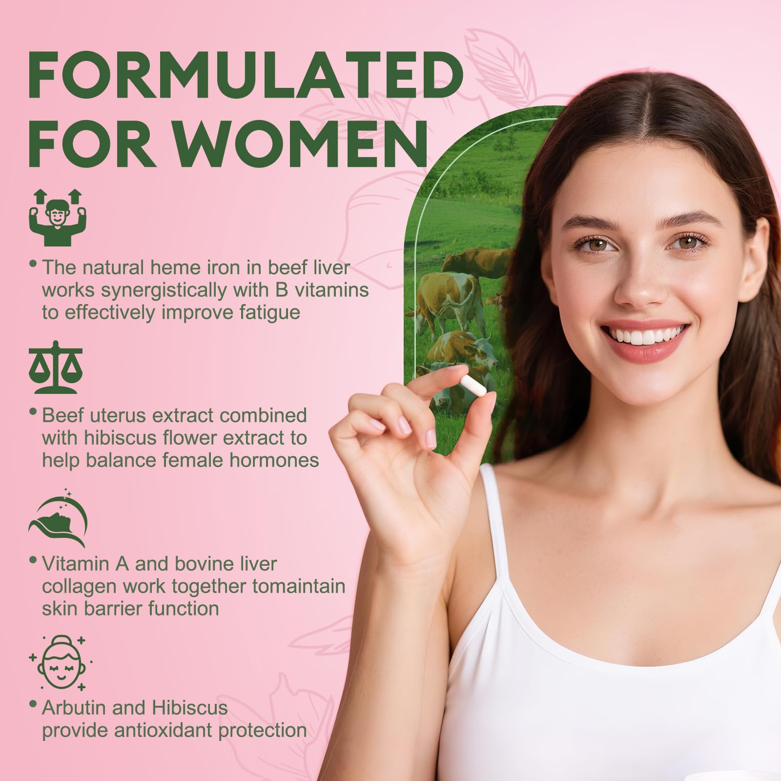 Beef Organ Supplement for Women - Beef Liver, Kidney, Heart,Uterus Tissue - Balance Hormones & Women's Overall Energy - Grass Fed, Pasture Raised - Natural Iron Supplement with Folate - 120 Capsules