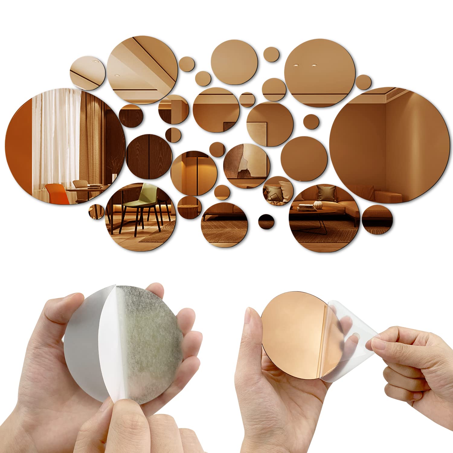 SHUIYUE 32 Pcs Round Acrylic Mirror Wall Stickers Removable Acrylic Setting Wall Sticker DIY Mirror Wall Sticker,with 4 I-Shaped Nail,for Home Bedroom Background Decor(Champagne Gold)