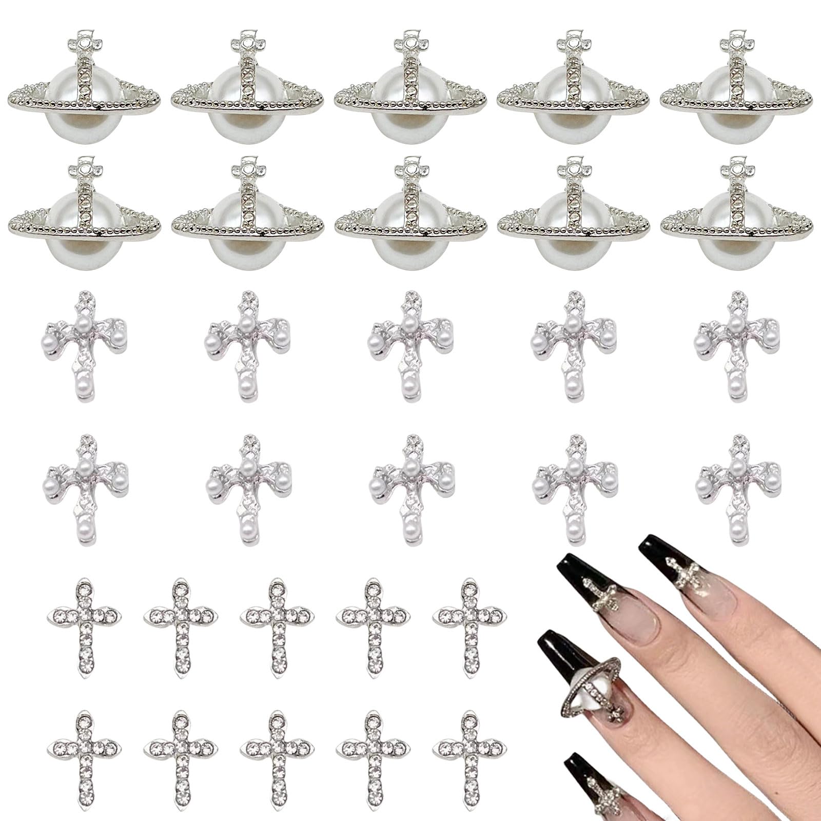 Nail Art Cross,30PCS Silver Planet Pearl Rhinestones Cross Nail Charms,Metal Alloy Nail Art Gems for Manicure Design Decorations Craft DIY Jewelry Making (E Silver)