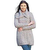 SAOL Women’s Coatigan – 100% Merino Wool Cable Knit Irish Cardigan with Pockets – Classic Warm Long Sweater Coat
