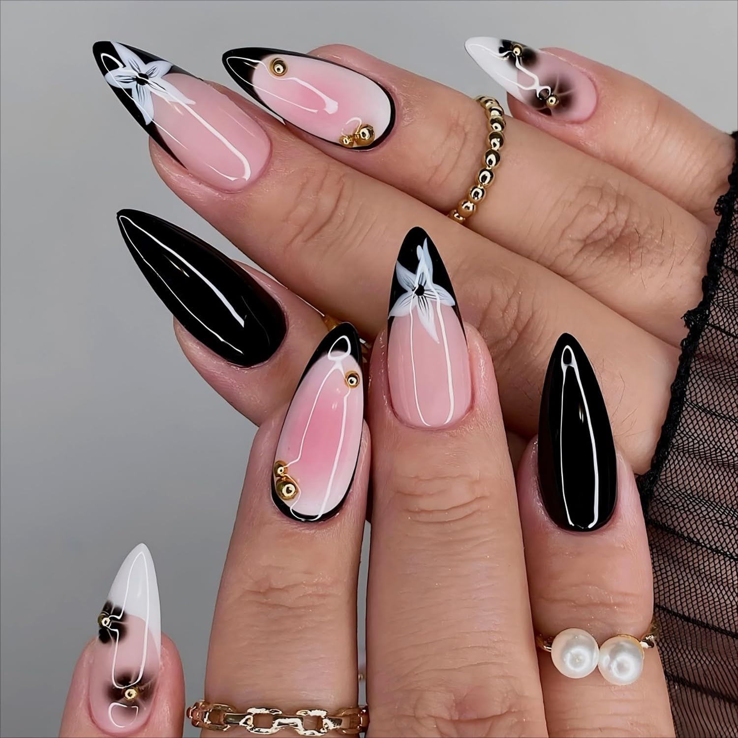 Photo 1 of 24Pcs Black Press on Nails Medium Almond Fake Nails with 3D Gold Beads Designs Summer Flower Acrylic Nails Black Floral Glue on Nails French Tip False Nails Solid Color Stick on Nails for Women