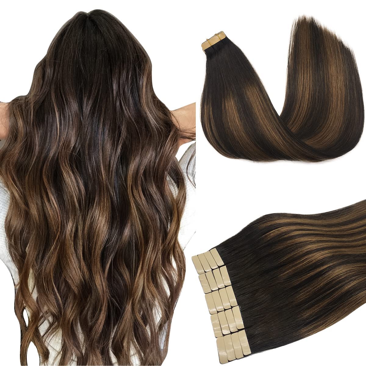 DOORES Tape in Hair Extensions Human Hair Balayage Dark Brown to Chestnut Brown 20pcs 50g 20 Inch Silky Straight Tape in Human Hair Extensions — image 1