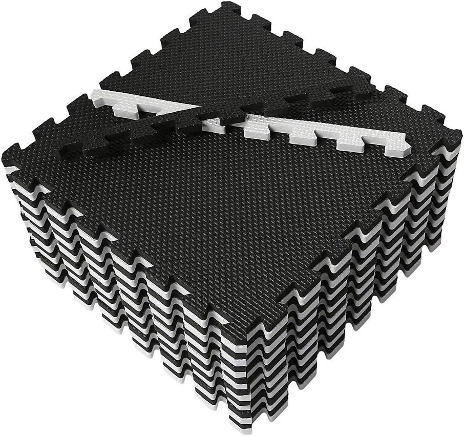 Superjare Interlocking Floor Tiles, 16 Tiles EVA Foam Puzzle Mat with Borders - White and Black: Toys & Games