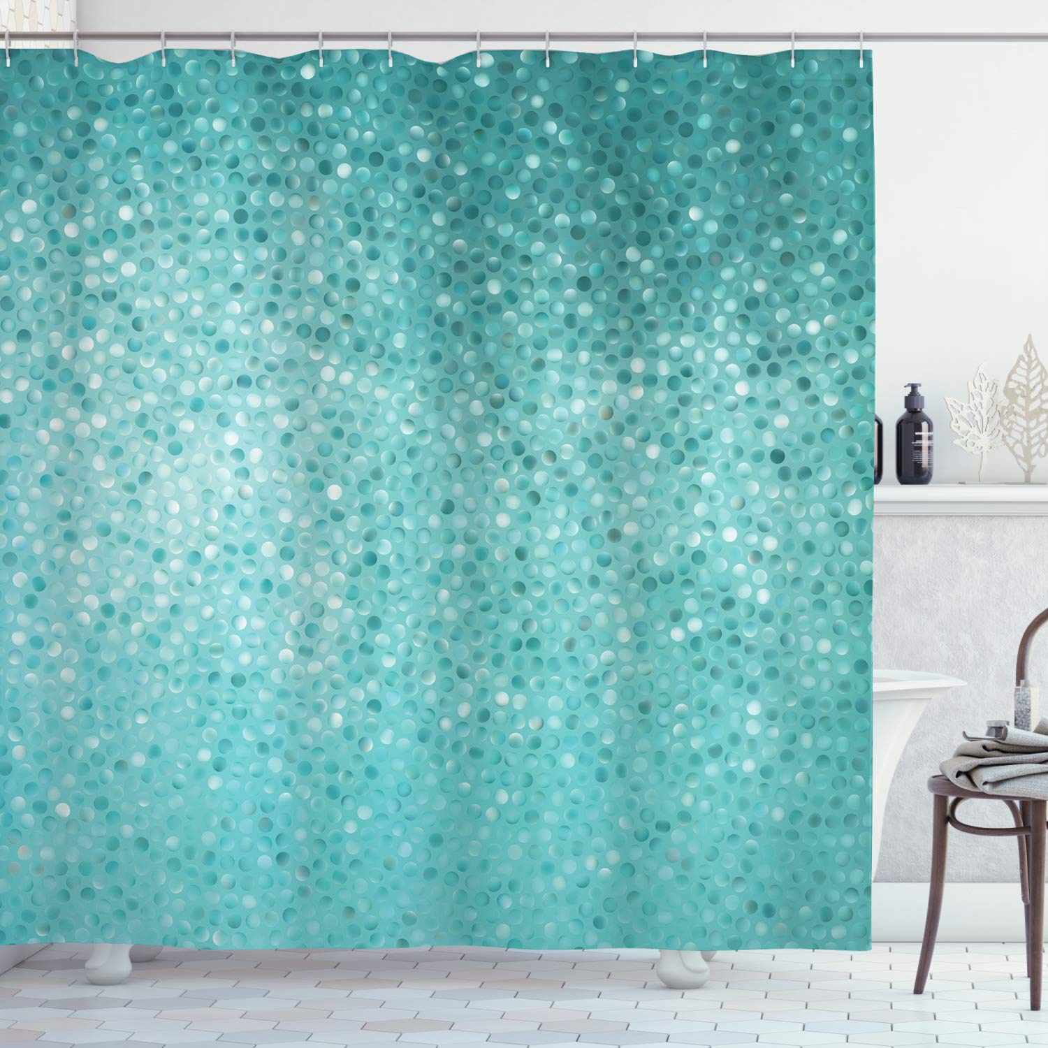 ABAKUHAUS Turquoise Shower Curtain, Small Dot Tiles Shape Simple Classical Creative Design, Cloth Fabric Bathroom Decor Set with Hooks, 175 x 200 cm, Turquoise Seafoam