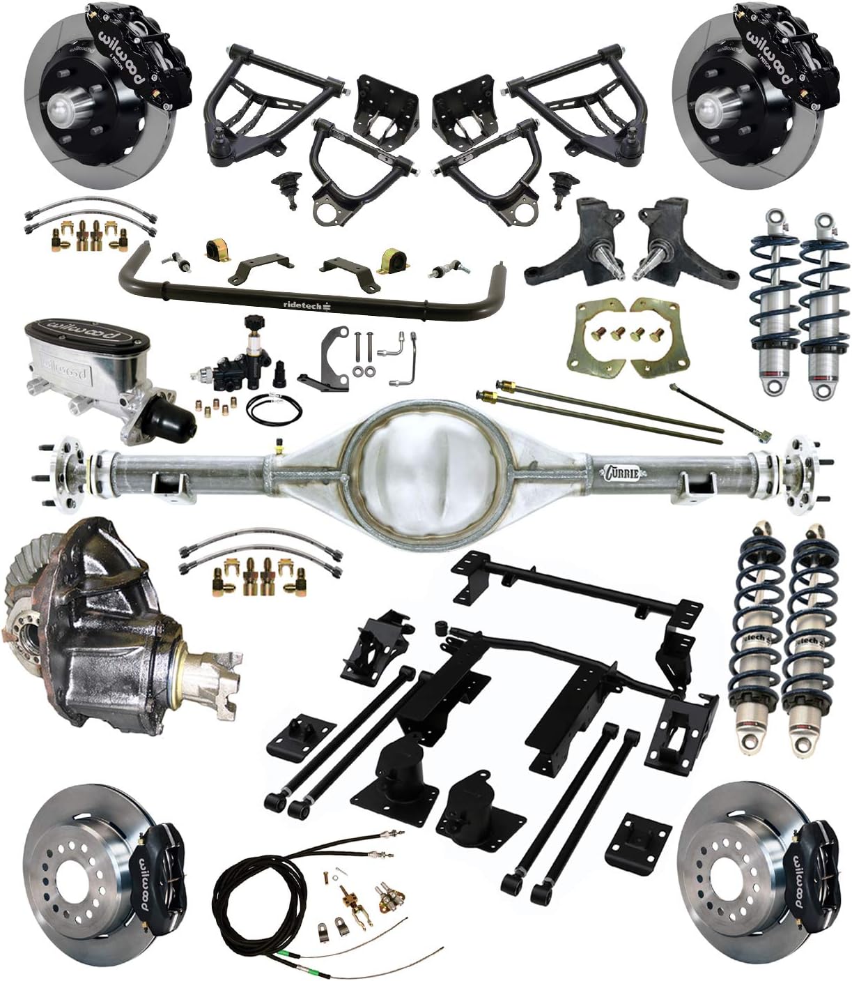 NEW RIDE TECH COILOVER & 4-LINK SYSTEM WITH WILWOOD DISC BRAKES,CONTROL ARMS,SPINDLES,FRONT SWAY BAR,13" FRONT & 12" REAR ROTORS,BLACK CALIPERS,COMPATIBLE WITH 73-87 C10, C15