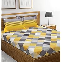 Ahmedabad Cotton 144 TC 100% Cotton Double Bedsheet with 2 Pillow Covers - Yellow and Grey