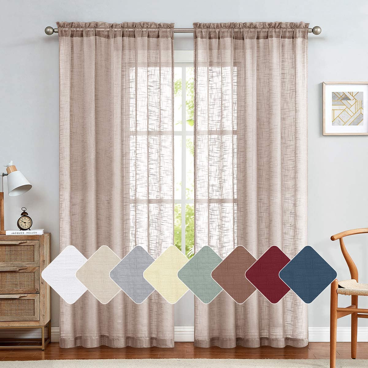 Vangao Linen Textrued Sheer Curtains for Living Room 63 Inches Length Semi Sheer for Bedroom Light Filtering Voile Rod Pocket Drapes,1 Pair,Beige