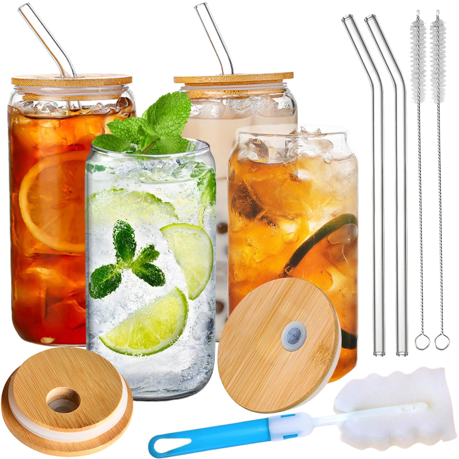 Dinhauyon Glass Cups with Lids and Straws, Iced Coffee Cup, 4 Pcs 500ml/17oz Glass Cup with Cleaning Brush,Iced Coffee Can for Milk Water Coke Soda Liquor Juice Smoothie Parties