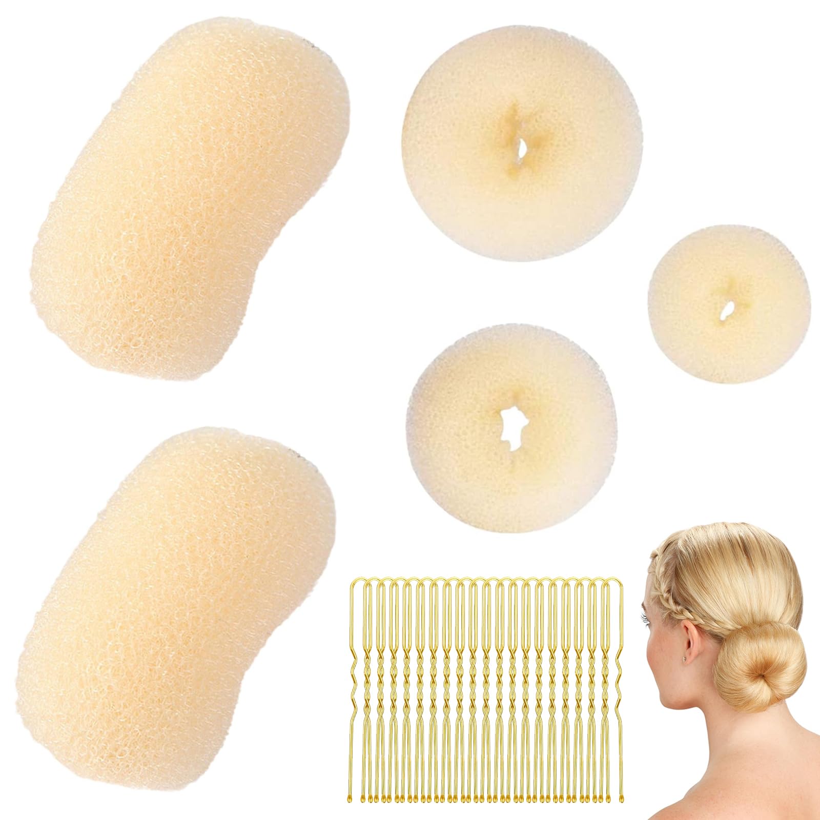 Liameph Hair Padding,Hair Donut Bun Maker Set,Bun Rings for Hair Blonde,Hair Padding Tool,Volume Hair Increase Pad,Hair Bump up Sponge with U-Shaped Clips 20 pcs,for Girls Women DIY Chignon Styles