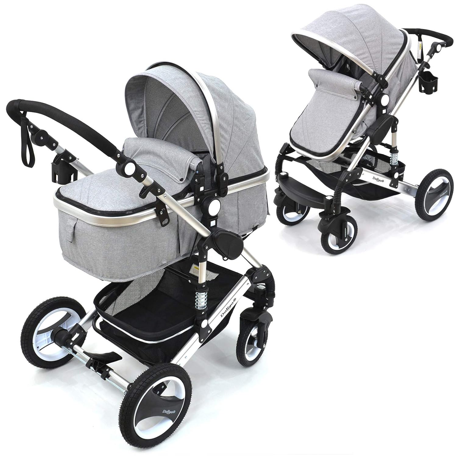 Daliya Bambimo 2in1 Kinderwagen - Kombikinderwagen 9-Teiliges Set incl. Babywanne &amp; Sportsitz/Buggy - 1-Klick-System/Alu-Rahmen/Voll-Gummireifen/Sonnenschutz/Getränkehalter in Elegance-Grau