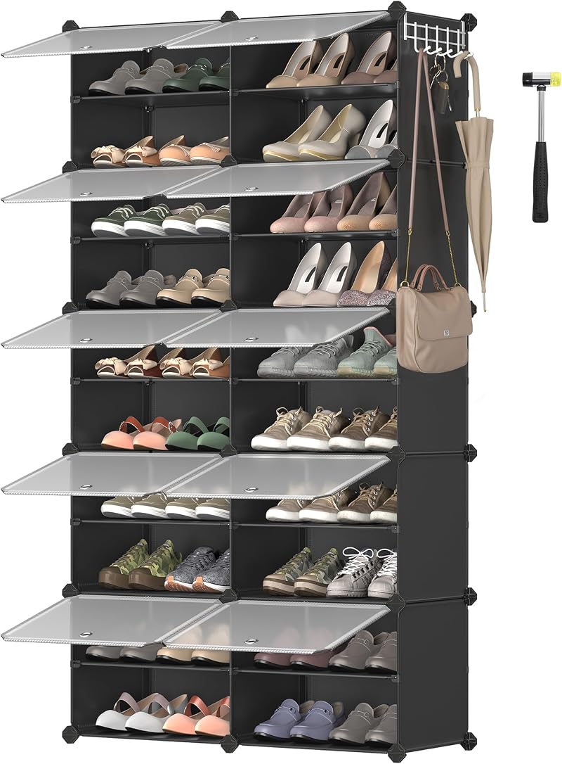 SONGMICS 10-Slot Interlocking Shoe Rack with Doors Black LPC035B01