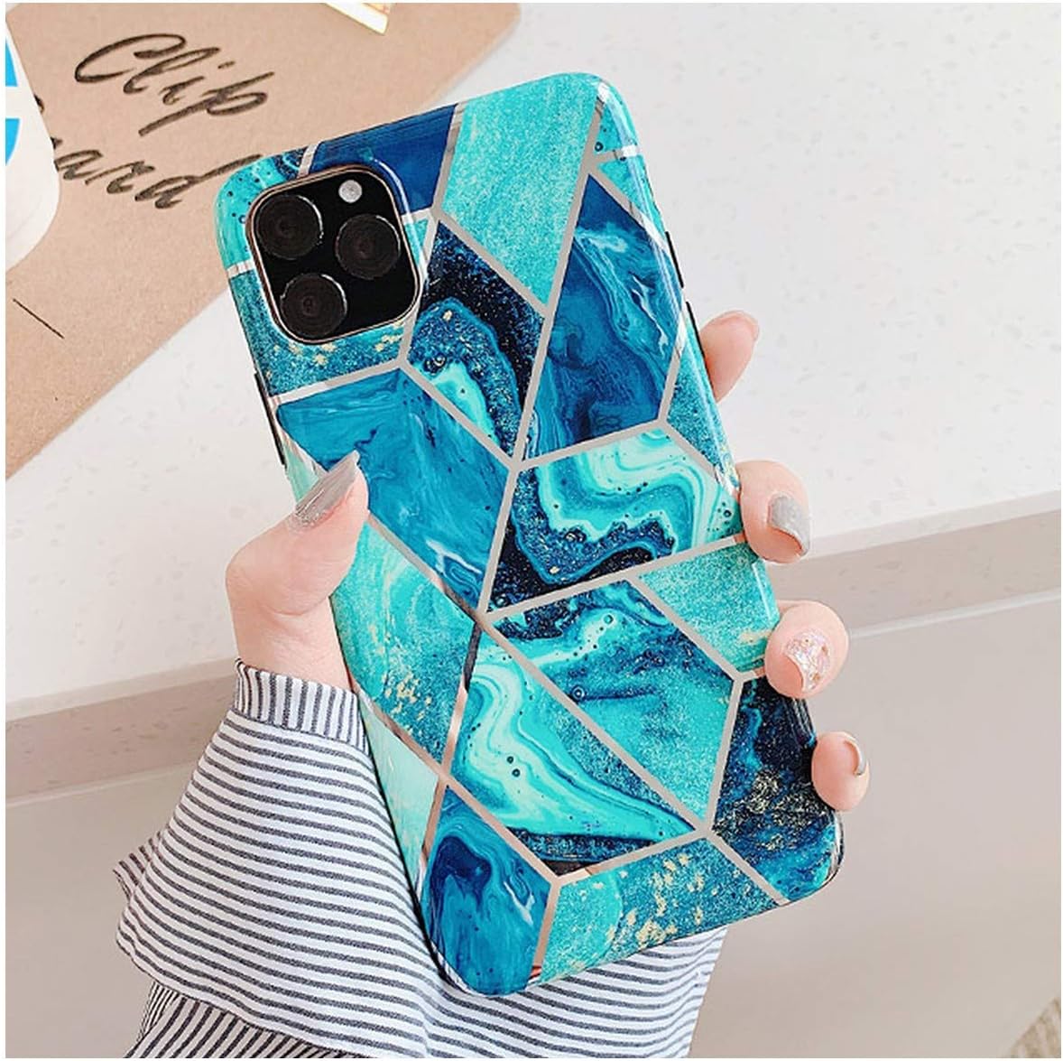 Popularity Luxury Plating Line Geometric Marble Phone Case Compatible for iPhone 11 11Pro Max X XS Max XR 6 6S 7 8Plus Colorful Texture Cover,Compatible for iPhone 7Plus,Style 1