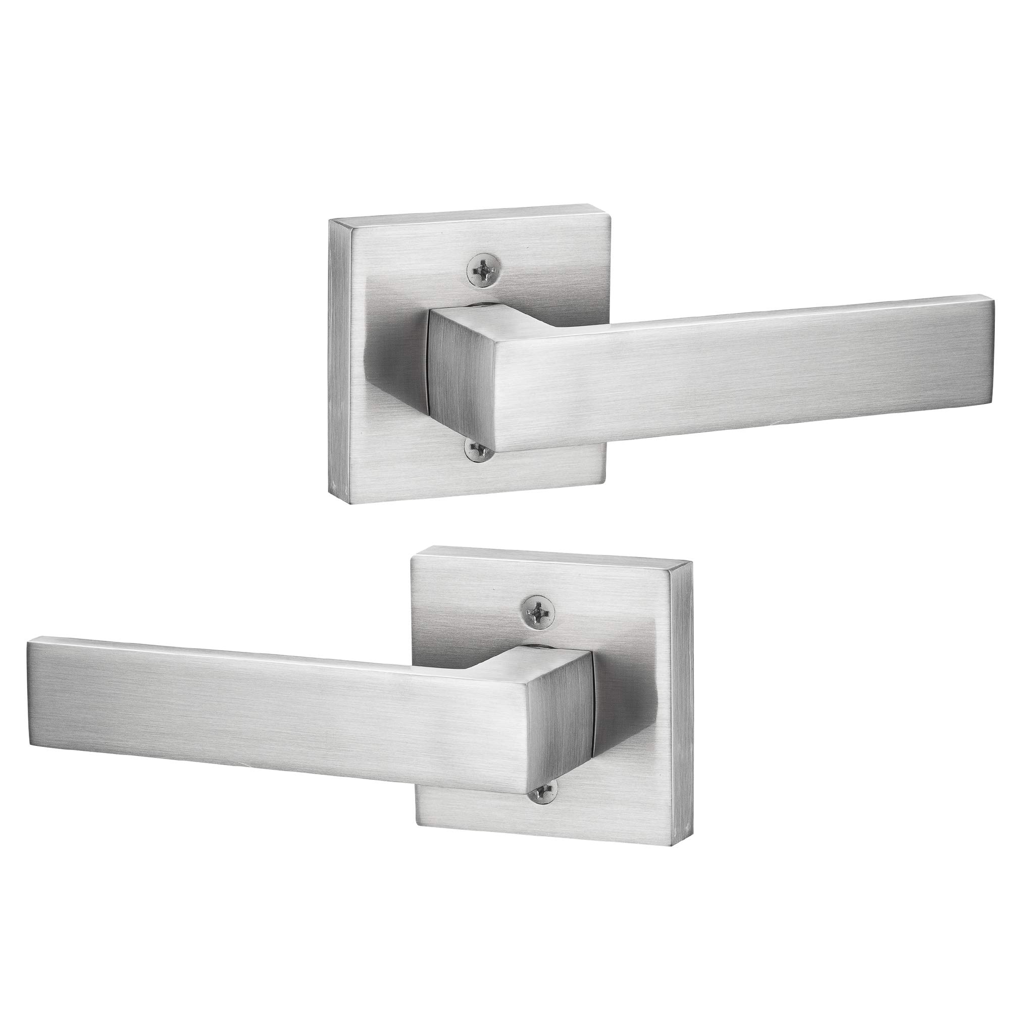 Berlin Modisch Contemporary Square Dummy Lever Door Handle Pack of 2 Non-Turning Single Side Pull Only Lever Set [for Closet or French Doors] Heavy Duty - Satin Nickel Finish