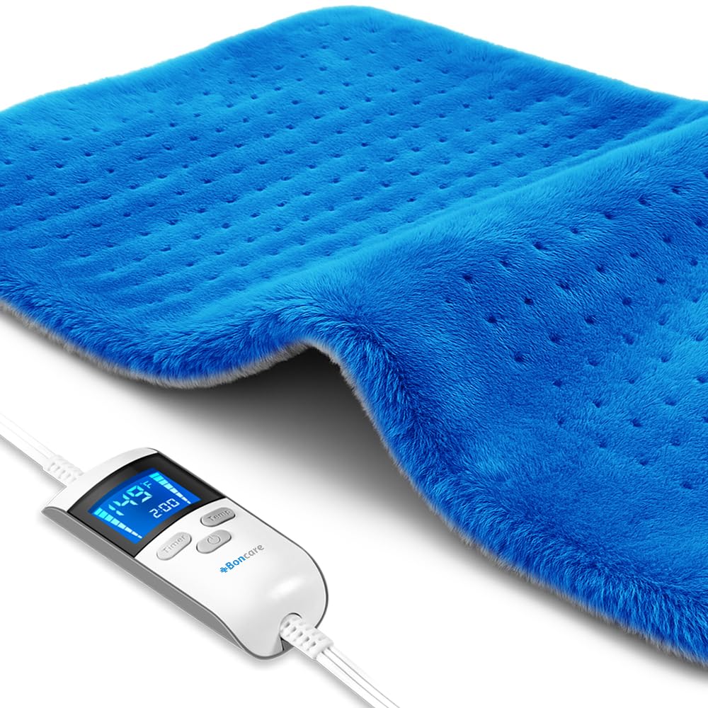 Boncare® LCD Digital Control Electric Heating Pad for Period Cramps and Back Pain Relief Large Size, 6 Timers Auto Off & 6 Temp Settings, Super Soft Heat Pad Moist/Dry Natural Therapy (Blue, 12
