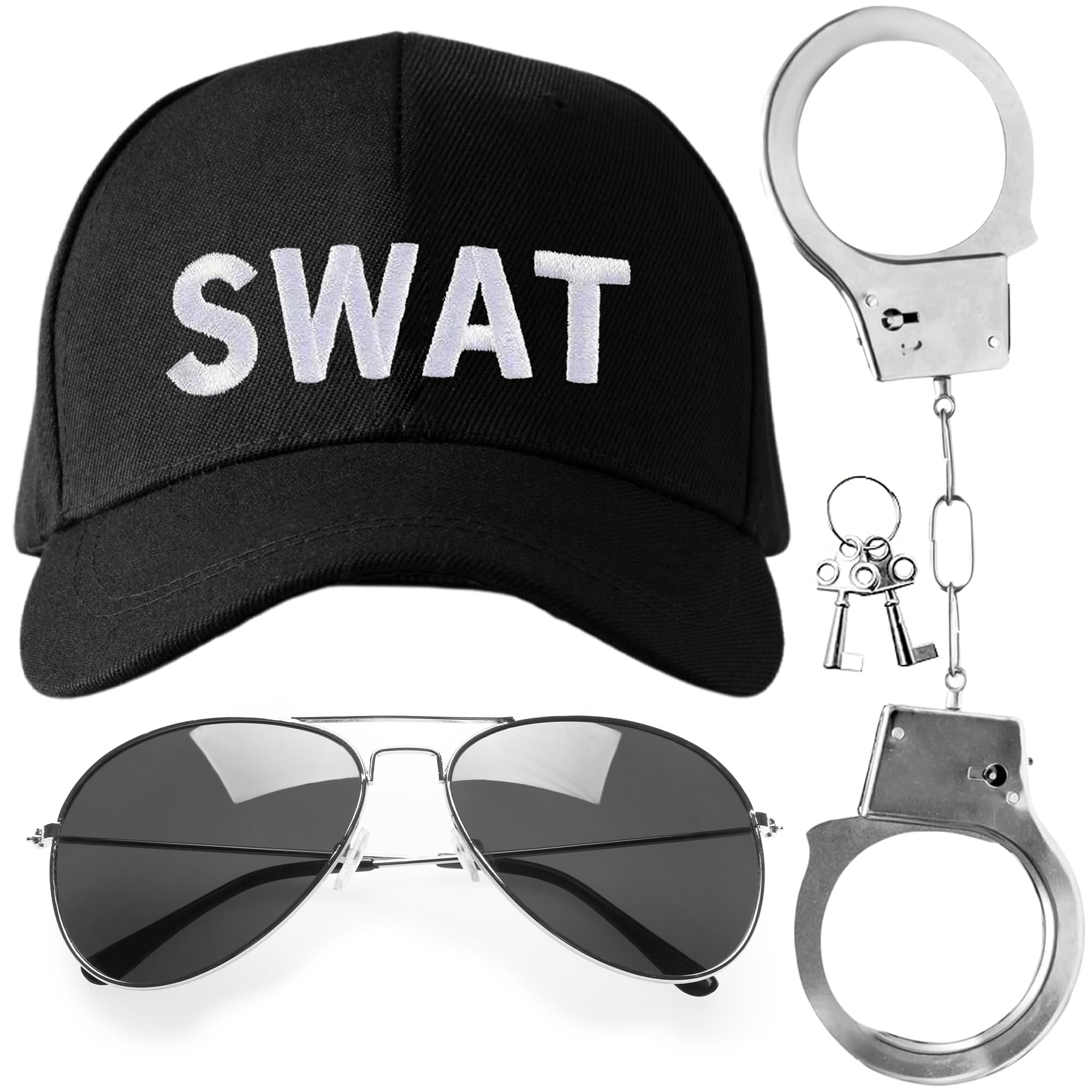 3pc Swat Costume Accessories - Swat Costume Adult Including Police Hat, Metal Handcuffs, Aviator Sunglasses Fancy Dress for Adults Men and Women Cops and Robbers Halloween Outfits