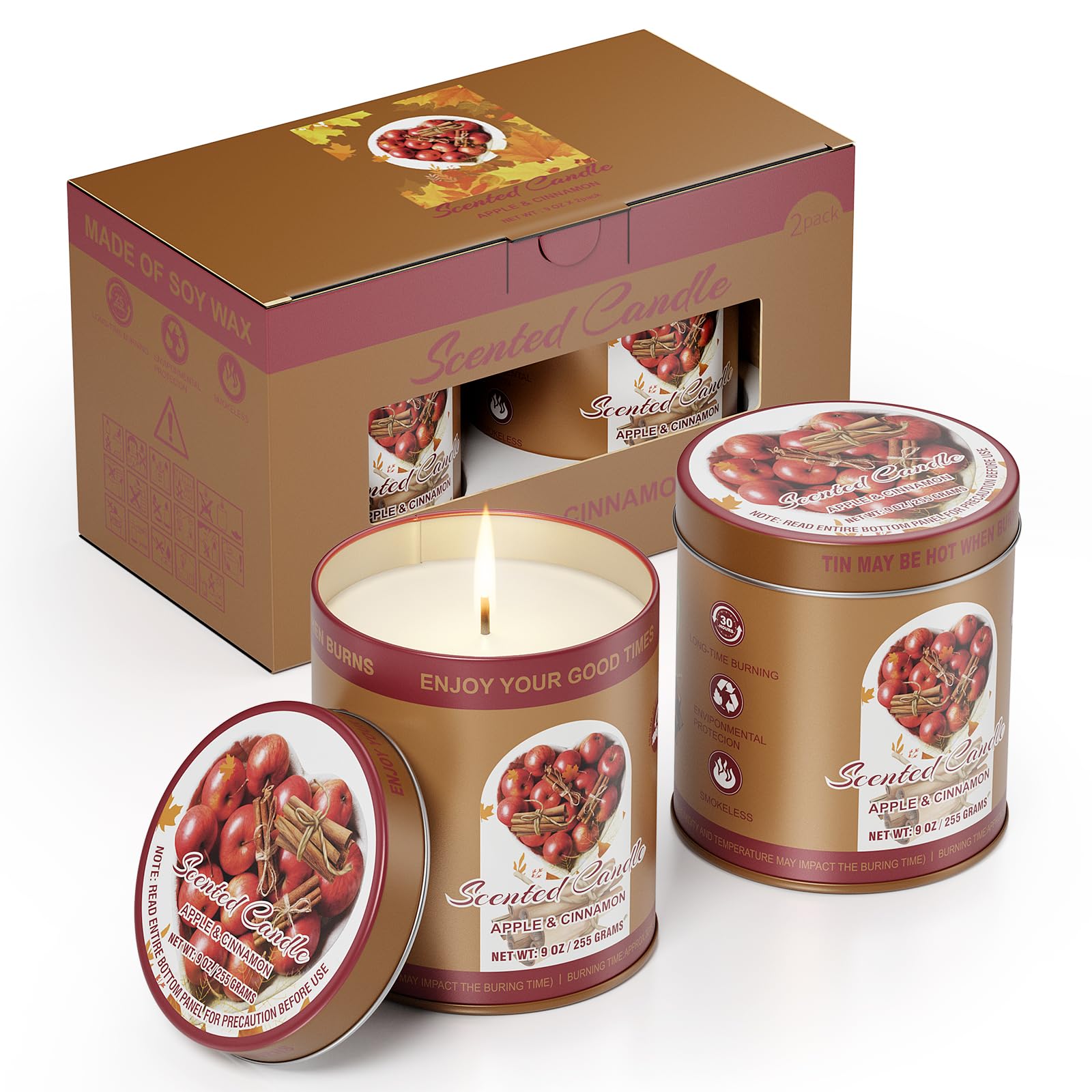 Photo 1 of Apple Cinnamon Scented Candle Set | 2Pack 510g 8% Essential Oils,80H Burn, Smokeless,Pure Soy Wax for Aromatherapy Tin Jar Candle, Stress Relief | Gift for Home, Meditation, Men&Women