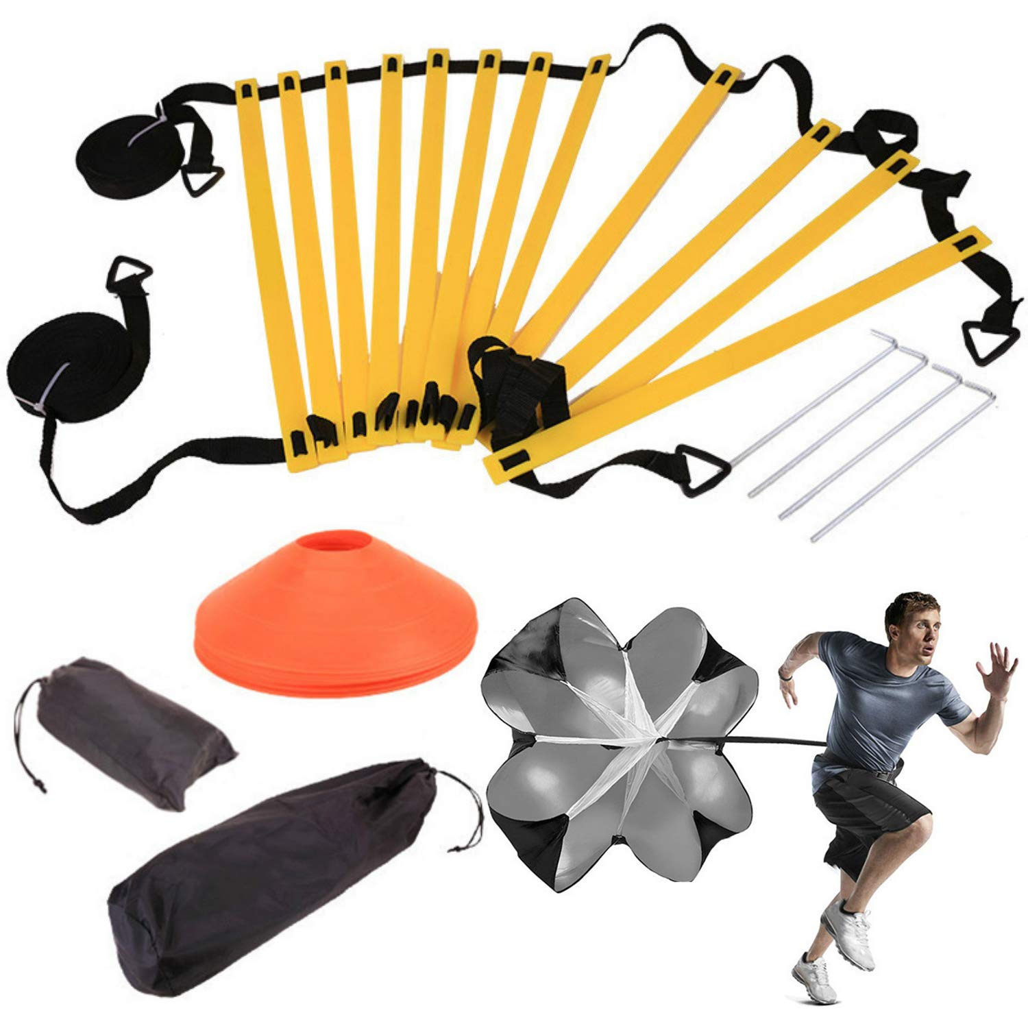 Ajfashion 6M Agility Ladder 12-Rung Speed Ladder with Speed Parachute 5 Cones Football Training Equipment Speed Agility Training Kit (6m with parachute)