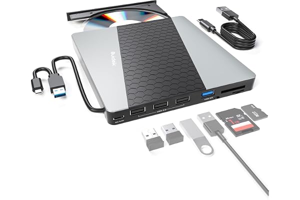 SUIDEK External CD DVD Drive, USB 3.0 USB C Portable CD DVD +/-RW Burner DVD Player for Laptop with SD/Micro SD Card Reader 8