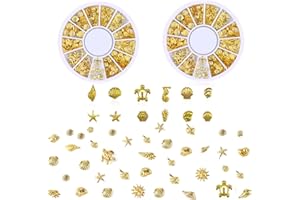 COOSLIM Gold Metallic 3D Pieces Sea Shell Starfish Turtles Marine Life Charms 12 Styles Nail Art Metal Studs for Summer Beach Ocean Manicure DIY Acrylic Nails Design Supply (2 Disc Gold Ocean Studs) A