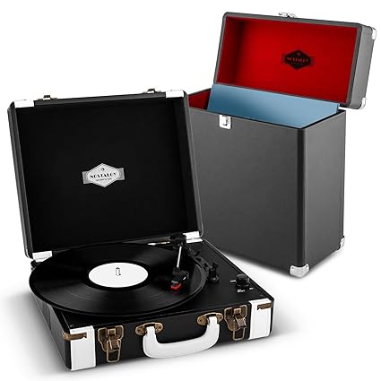 auna Jerry Lee Record Collector Set Schallplattenspieler + Plattenkoffer (USB-Anschluss zum Digitalisieren, 2 Lautsprecher, T
